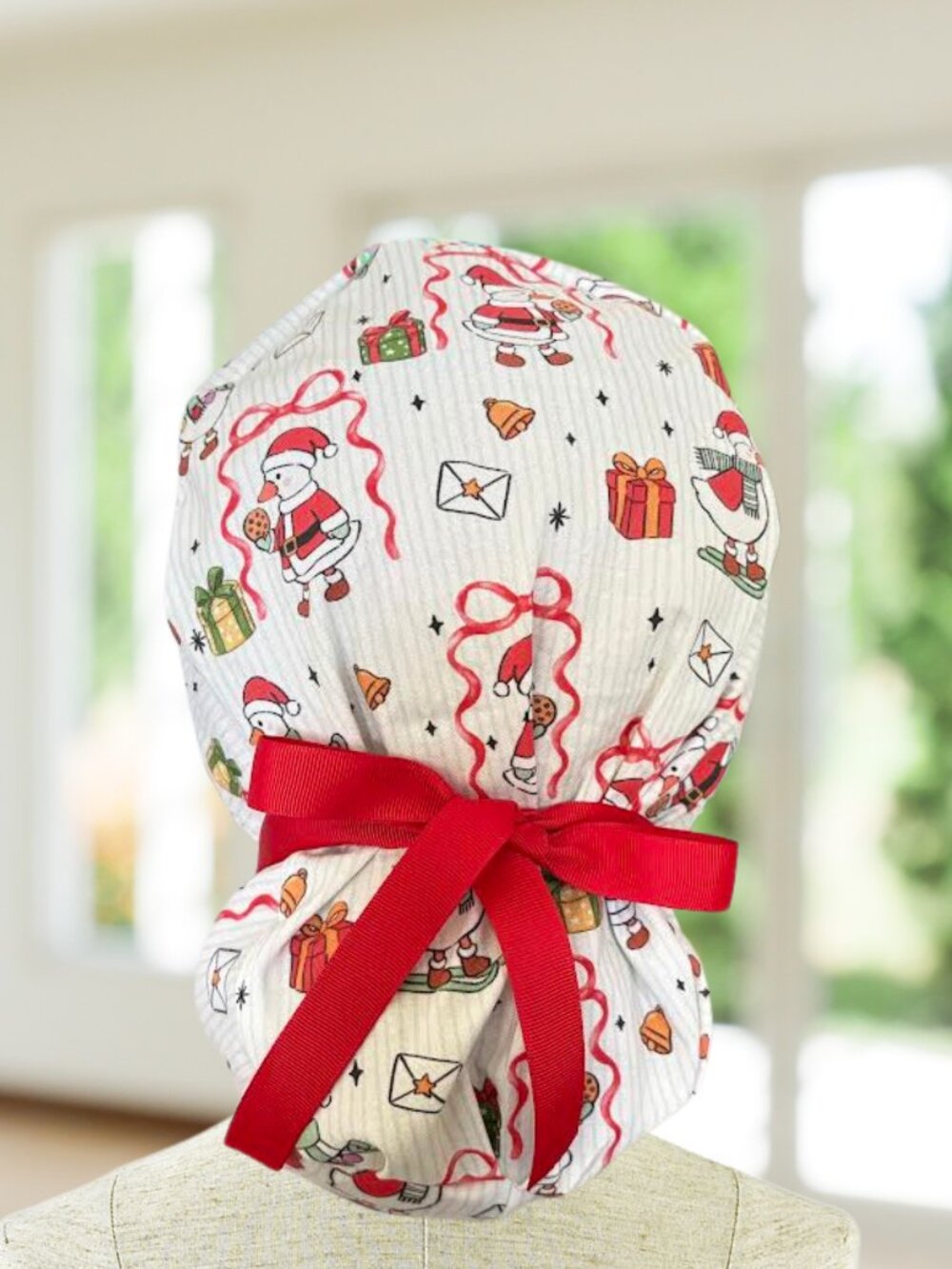 Christmas Goose Ponytail Scrub Cap: Surgical Hat with Red Ribbon Ties-Handmade